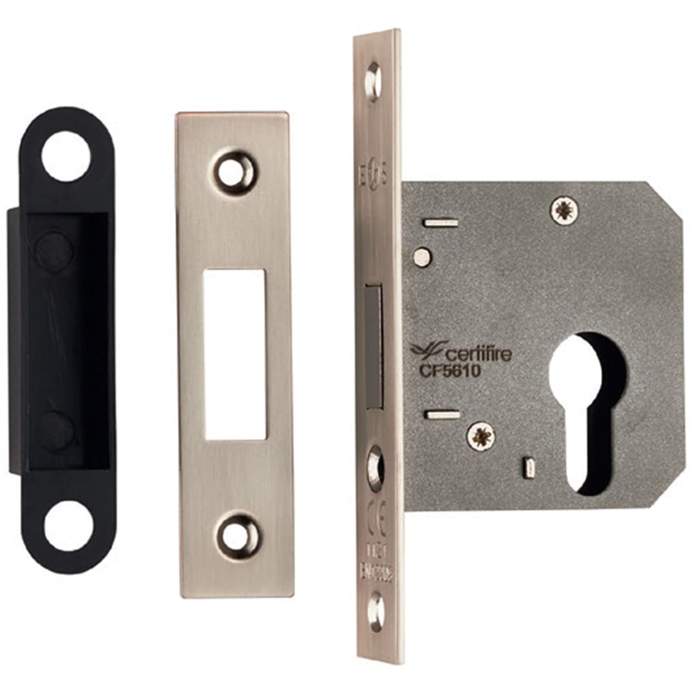 Loops Satin Nickel Residential Euro Profile Deadlock Casing - 64Mm - 108Mm Fixings - | Secure Door Latch Dead Lock - Locking Key Turn Security Catch