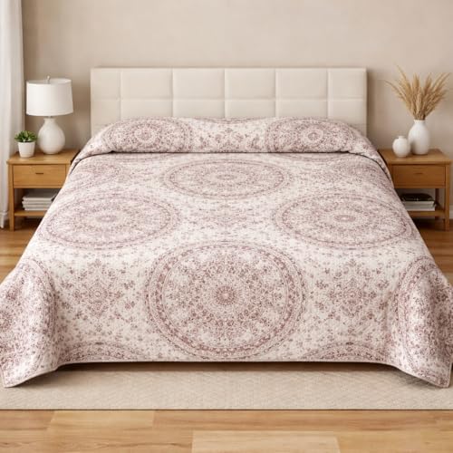 Genérico Colcha Bouti Acolchada Ligera para Cama | Edredón de Verano Suave y Transpirable | Cubrecama Decorativo Disponible en Varios Diseños y Medidas. (Beige Rosado, Cama 150, Mandala Vintage)