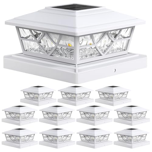 APONUO Fence Post Solar Lights 12 Pack - 5x5 Solar Post Cap Lights White for Vinyl Fence, IP64 Waterproof, Fits 4x4 5x5 6x6 Wood/Vinyl Posts, Auto On/Off, Deck, Patio, Porch & Yard (Warm/Cool White)