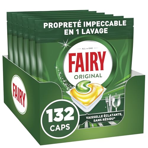 Fairy Original Tablettes Lave-Vaisselle Tout-en-1, 132 Tablettes (22x6), Parfum Citron, Efficaces Contre La Graisse Incrustée, Dissolution Ultra-Rapide, Sans Odeur ni Résidus
