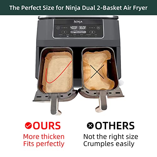 This is a picture of a product for sale called Air Fryer Disposable Paper Liners for Ninja Dual Airfryer,  Non-Stick Parchment Paper Rectangular,  Air Fryer Accessories,  Oil Proof,  Water Proof,  Paper Liner for Microwave Oven (100PCS,  8.6in x 5.5in