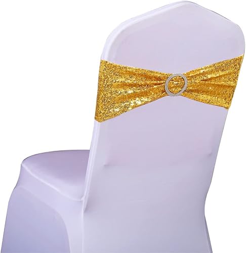 Miniatura 2 de SINSSOWL Paquete de 50 bandas de licra para sillas con lentejuelas bandas doradas para sillas con hebillas lazos plegables para sillas para fiestas