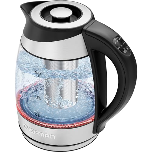 Chefman Electric Kettle with Temperature Control & 5 Presets, 1.8 Litre, Removable Tea Infuser, LED Indicator Lights, Cordless Glass Tea Kettle & Hot Water Boiler, BPA Free, 2200W, Stainless Steel