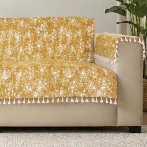 Image of STITCHNEST Woven Fabric Sofa Cover 3 Seater with 2 Hand Rest Covers - Washable Green Sofa Cover with Tassels - Durable Premium Fabric - Stylish Sofa Protector for Living Room & Furniture Decor