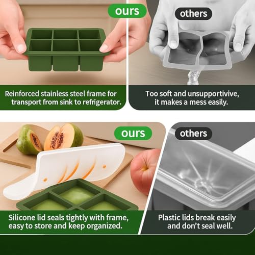 Image of 2PECK Silicone Ice Cube Tray with Lid, Large 6-Cavity Square Ice Cube Moulds for Freezer, Easy Release & Stackable Ice Trays for Whiskey, Cocktails, Beverages, Coffee & Home Bar. (Green)