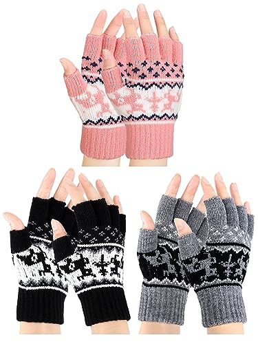 Guantes sin dedos elásticos y cálidos de punto para adultos, 3 pares en negro, gris y rosa