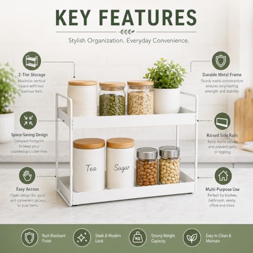 Image of Homeor 2-Tier Metal Countertop Organizer | Heavy Duty Standing Rack for Kitchen Spice Storage & Bathroom Vanity | Multi-Purpose Shelf For Kitchen, Cosmetic & Toiletry Display Shelf, White