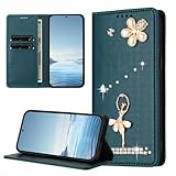 BEENTRYS Funda Cartera para Vivo Y17 / Y15 / Y12,Cuero PU Brillante Bailarina Flor Perlas Strass RFID Ranuras para Tarjetas Soporte Magnético Antigolpes Carcasa-Verdeoscuro