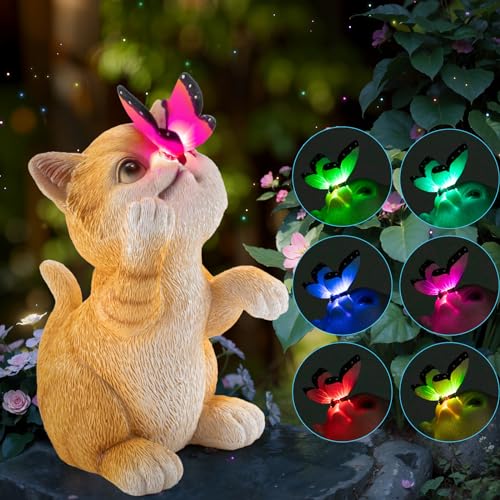 RuiDay Décoration De Jardin En Forme De Chat, Papillons, Lampes Solaires Pour Extérieur, Statue De Jardin, Figurines De Chat, Décoration De Jardin, En Résine, Lampe Solaire (gris