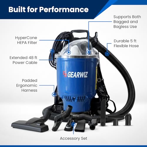 Image of Gearwiz Backpack Vacuum Cleaner - 1000W Shoulder Vacuum with 25KPA Suction, Bagged or Bagless Use, Adjustable Harness, Double Filtration, Washable Dust Bag & Tools for Home, Office, Stairs & Cars