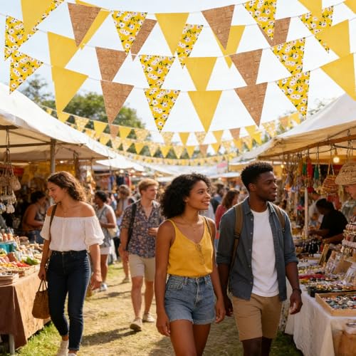 Image of Zwiebeco 39Ft Yellow Daisy Flowers Fabric Pennant Banner Vintage Burlap Triangle Flag Retro Bunting Party Decoration for Birthday Engagement Wedding Bridal Baby Shower Rustic Village Home Garden Decor