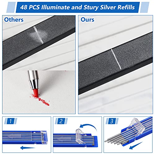 Hiboom 4 Pcs Welders Pencil With 48 Pcs Silver Round Refills, Mechanical Pencils Metal Marker With Built-In Sharpener For Pipe Fitter Welder Steel Construction Fabrication Woodworking #TOP3
