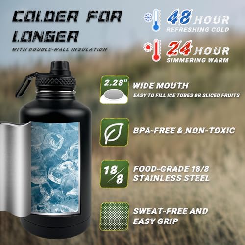 Image of 64 oz Insulated Water Bottle - Half Gallon Water Bottle with Sleeve Military Stainless Steel Water Jug with Handle for Men Sports Workout Hiking with Black Water Bottles Pouch