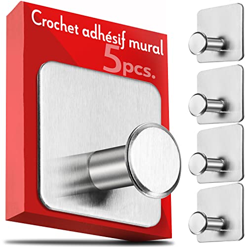 4smile Crochet adhésif mural – kit de 5 pièces, acier inoxydable - porte serviette salle de bain sans percage – patère murale + coussinet collant 3M