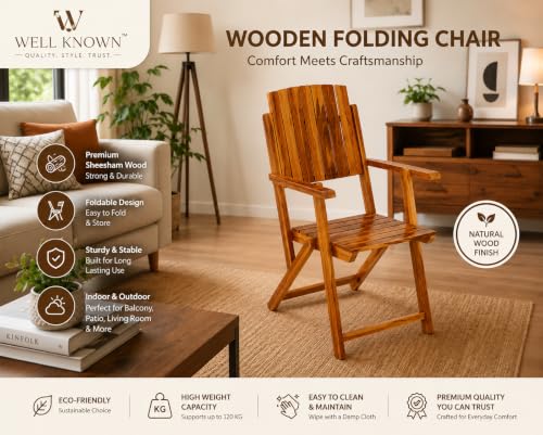 Image of WELL KNOWN Wooden Folding Chair | Portable Foldable Armchair for Balcony, Patio, Living & Drawing Room | Sheesham Wood, Honey Finish (Nature)