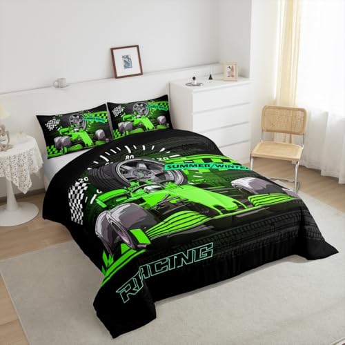 Image of Feelyou Kids Race Car Duvet Insert Queen Size, Green Racing Car Comforter Set Boys Girls for Karting Road Bedding Set Teens Bedroom Decor with 2 Pillow Case