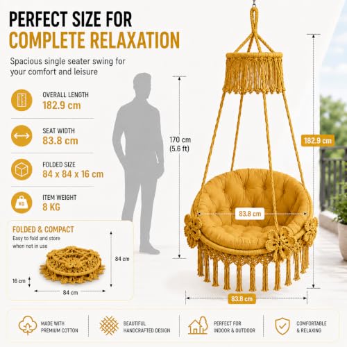 Image of Premium King Size Hammock Chair Swing with Cushion, 200kg Capacity | Indoor Outdoor Heavy Duty Adults & Kids Hanging Jhula for Home, Garden, Patio & Balcony | 1 Year Warranty (Yellow)