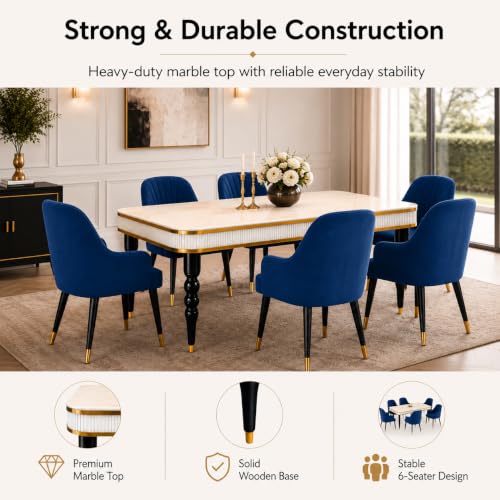 Image of 6-Seater Dining Table Set with Nano Composite Marble Top | Golden PVC Wooden Base | Includes 6 Fabric Upholstered Chairs | 2 Year Warranty | Dining Room Furniture Set for Home (Blue)