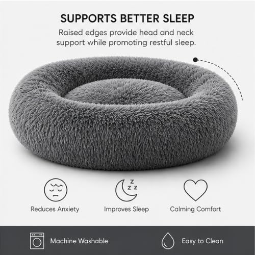 Image of Luxury Plush Dog Bed Small Size for Dogs & Cats, Ultra Soft Calming Donut Pet Bed with Raised Rim and Anti-Slip Base, (Grey)