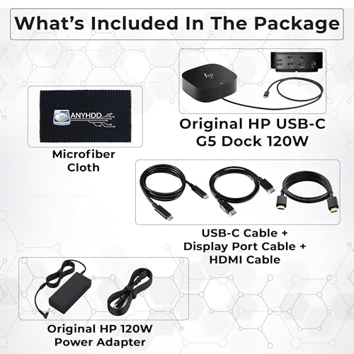 HP Docking Station for Laptop Dual Monitor and Charging Bundle - HP USB-C G5 Dock 5TW10AA / 5TW10UT / 5TW10AA#ABB with 120W Adapter, HDMI, DisplayPort, USB-C Cables & Microfiber Cleaning Cloth
