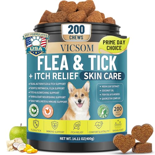 Flea and Tick Prevention for Dogs Itching Skin Relief, 200 Chewable Flea and Tick for Dog with Skin & Coat Support, Itch Relief for Dogs, Oral Supplement for All Breeds & Ages, Chicken Flavor