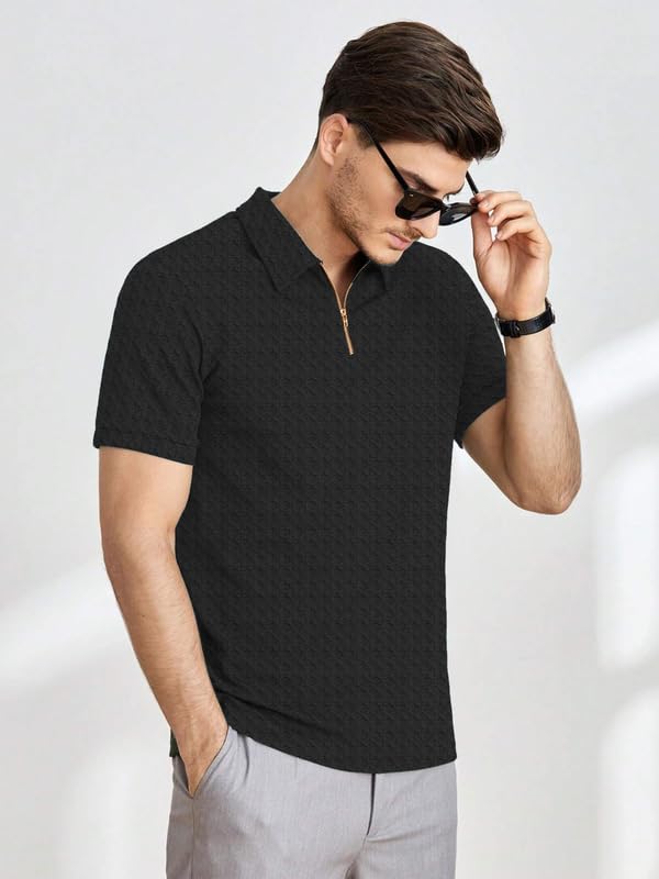 Image of KAJARU Men's Polyster Blend Regular Fit T-Shirt with Half Sleeve Chain Polo Collar V-Neck Standard Length and Classic Style