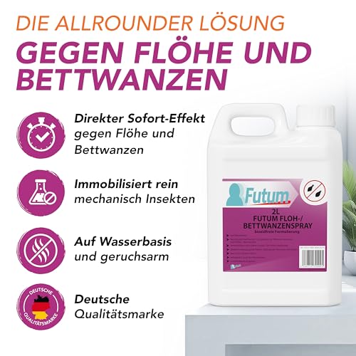 Futum Bettwanzen Abwehrspray Floh-Abwehr-Spray 2 Liter für Wanzen, Flöhe, Larven & Eier, Wasserbasis, Fleckenfrei, Schnell & Stopp Wirkung