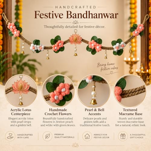 Image of Akaar Decor Artificial Marigold Door Hanging Toran | Diwali Decoration Items for Home Decor| Festive Decor| Office Decor| -(L:Approx. 2.5ft) (Crochet Bandhanwar Peach)