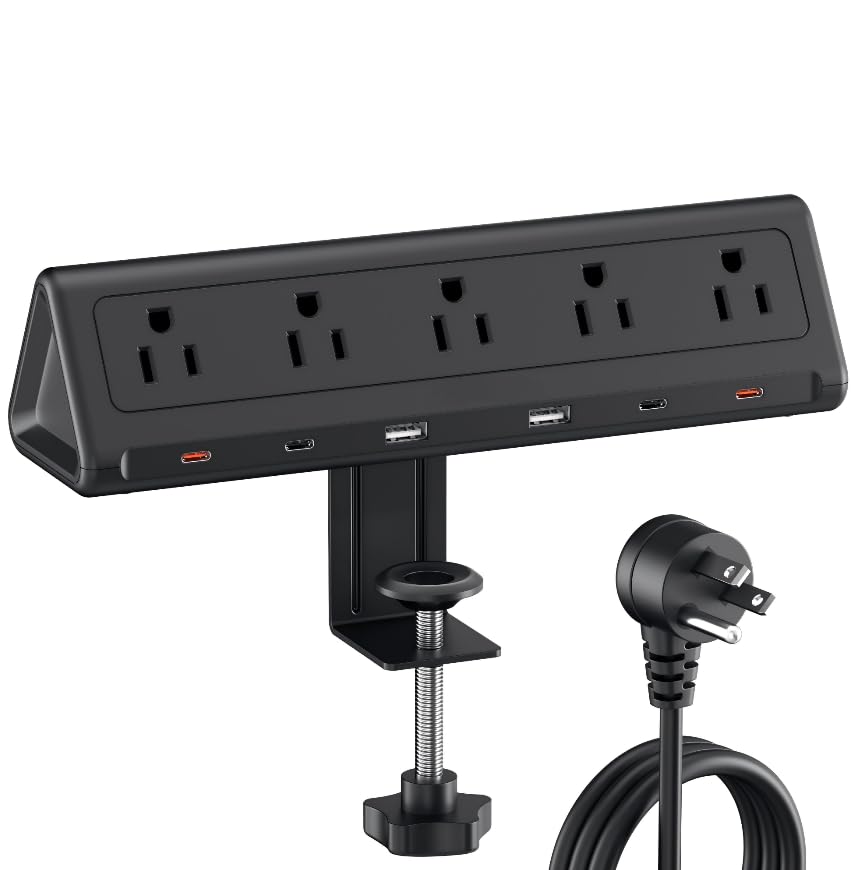 10 FT Desk Clamp Power Strip with 5 AC Outlets 6 USB Ports PD 40W USB-C Fast Charging