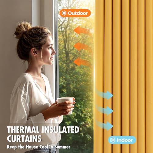 Image of MIULEE Yellow Blackout Bedroom Curtains Drapes 96 Inch Long 52 inchx96 inch | Grommet Top, Room Darkening Window Drapes, Privacy Protection, Thermal Insulated, Heat Blocking, Light Blocking