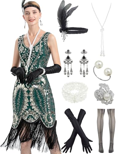 Image of Peacock-inspired 1920s Gatsby Beaded Flapper Sling Dress Womens Vintage Cocktail Dress W /Complete Accessories Set