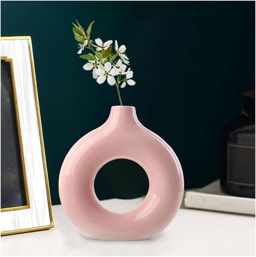 Modern Ceramic Donut Vase 8 Inch – Light Pink Round Hollow Flower Vase for Home Decor | Minimalist Table Centerpiece for Living Room, Bedroom, Office Desk Decoration (Light Pink, 6mm)-image-41