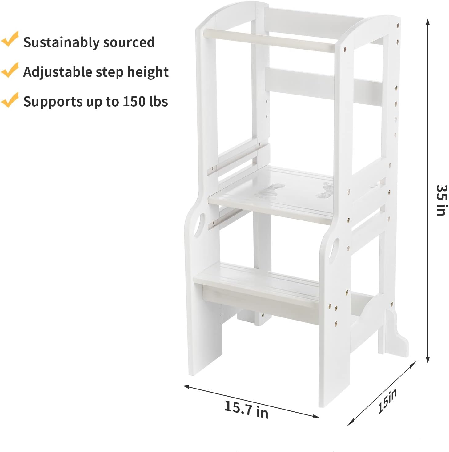 UNICOO Bamboo Height Adjustable Kids Kitchen Step Stool, Kids Learning Stool, Toddlers Stool, Toddler Standing Tower, Safe Step Stool for 1-5 Years Old Kids, Counter Step (M2.5-White)