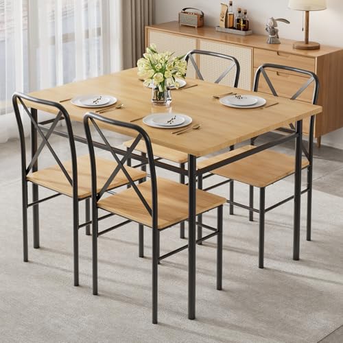 Image of VECELO 5-Piece Dining Table Set for 4, Wood Dinette with Chairs, Natural&Black