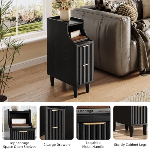 Image of Fluted Nightstands Set of 2,Narrow Bedside Table with 2 Drawers & Storage, Farmhouse Walnut End Table Modern Side Table for Bedroom Livingroom Sofa Office, Small Space
