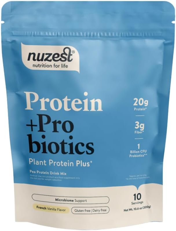 NuzestProtein + Probiotics – Gut Health - Superfood Powder Plant Protein Blend - 300g / 10.6 oz Pouch (10 Servings) (French Vanilla, 300g)