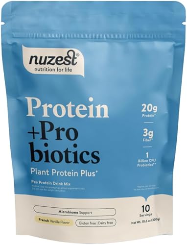 Nuzest - Proteína + probióticos - Salud intestinal - Mezcla de proteínas vegetales en polvo de superalimentos - Bolsa de 10.6 onzas (10 porciones)