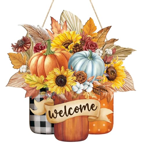 Fall Decoration Welcome Wreaths for Front Door, Wooden Hello Fall...