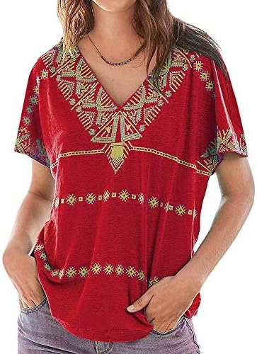 Dam blus vintage t-shirt elegant bohemisk kortärmad tröja v-ringad