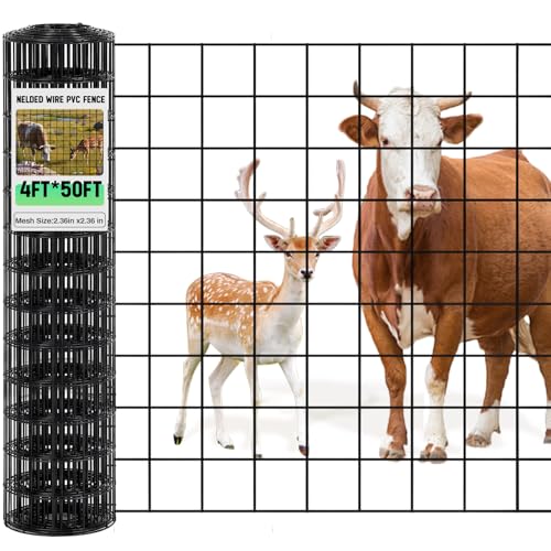 Gisafai 16 Gauge Galvanized Welded Wire Fence 4 ft x 50ft PVC Coated Hardware Cloth 2.36 x 2.36 Mesh Heavy Duty Garden Fencing Roll for Chicken Dog Yard Deer Cattle & Animal Protection(Black)