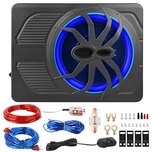Generic 800W Under Seat Powered Car Subwoofer, Built-in Amplifier, Wiring Kit, High & Low Level Input, Blue Mood Lights, Remote Control (8″ Speaker, 10″ Sub)