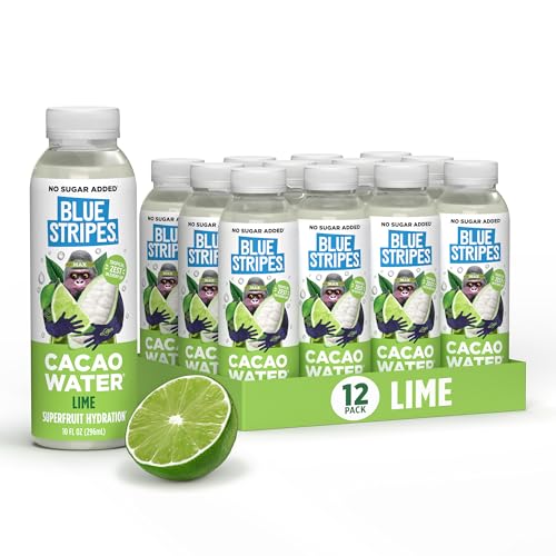 Image of Blue Stripes Lime Cacao Water - Hydration Drink with Natural Electrolytes & Antioxidants | Cold Pressed Cacao Juice, Lime Juice & Water | No Sugar Added, Plant Based, Non GMO | 10 Fl Oz (12 Pack)