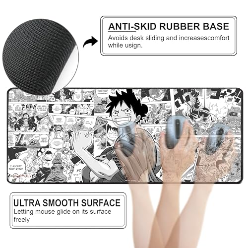 Image of Pirate Anime Mouse Pad 12x32 Inch 3mm Extended Gaming Desk Mat with Anti-Slip Rubber Base Mousepad for Smooth Surface Desk pad for PC & Laptop Use Waterproof & Stiched (Black /White) Deskpad