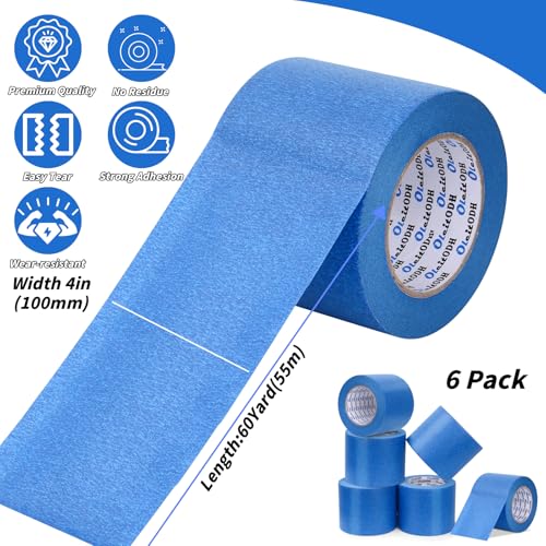 Image of 6 Rolls Blue Painters Tape Bulk 4 inch x 60 Yards, Total 360 Yd, Painters Masking Tape No Residue Wall Painting Tape Artist Tape Trim Edge Finishing Tape for Wall Painting Decoration DIY Supplies