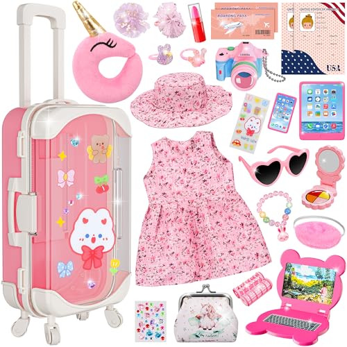 Doll Suitcase Travel Set, 18 inch Doll Clothes and Accessories - 26 Pcs Travel Pillow, Unicorn Bag, Sunglasses, Camera, Computer, Phone, Passport, Birthday Gift for Age 3 4 5 6 Year Old Girls