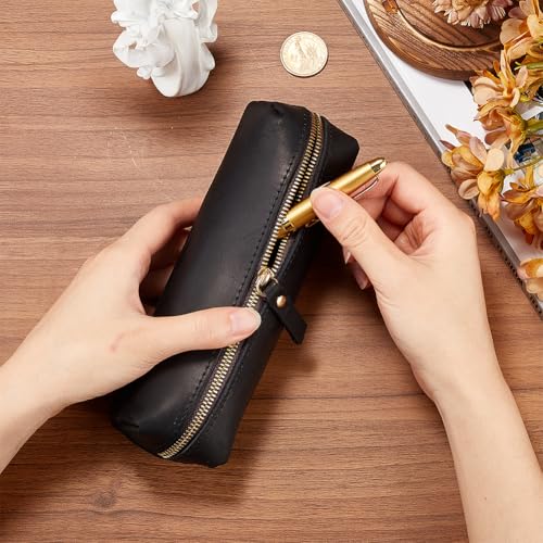 GORGECRAFT Leather Pencil Case Crazy Horse Large Capacity Genuine Leather Pencil Pouch (Black) Rectangular Portable Zippered Pen Cases with Zipper for Men and Women Office Supplies Pen Case - Image 3