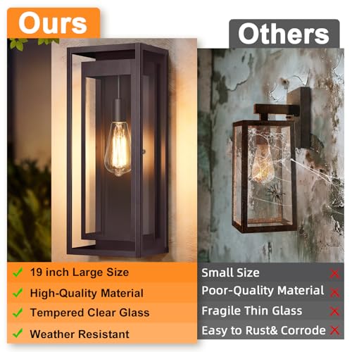 Image of 19 Inch Bronze Outdoor Wall Light Fixtures, 2 Pack Porch Lights | Large Size, Anti-Rust, Waterproof, Tempered Glass, Easy Installation, Exterior Wall Sconces for House Entryway Garage