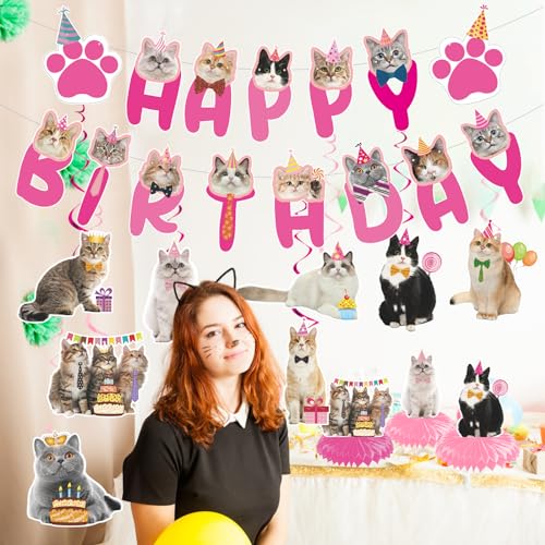 Image of Cat Birthday Party Hanging Swirls - NOVBAUB 20PCS Lovely Pink Cat Birthday Party Supplies Honeycomb Centerpieces Cute Cat Theme Birthday Party Decorations for Cats Kids Teens Adults