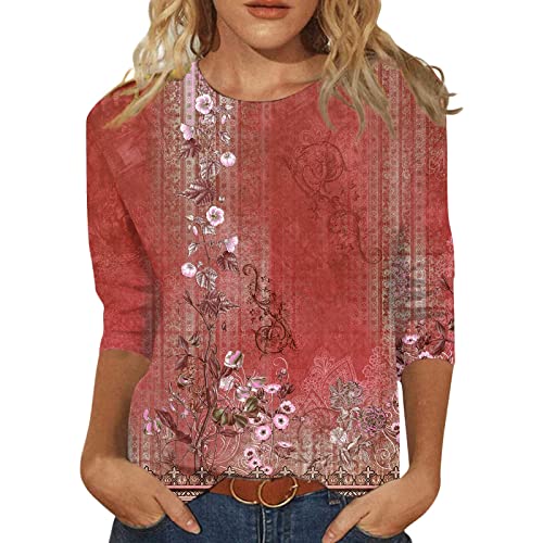 HTHLVMD Womens 3/4 Length Sleeve Tops 2025 Fall Fashion Floral Print Crewneck Causal Trendy Tunic Tops for Women