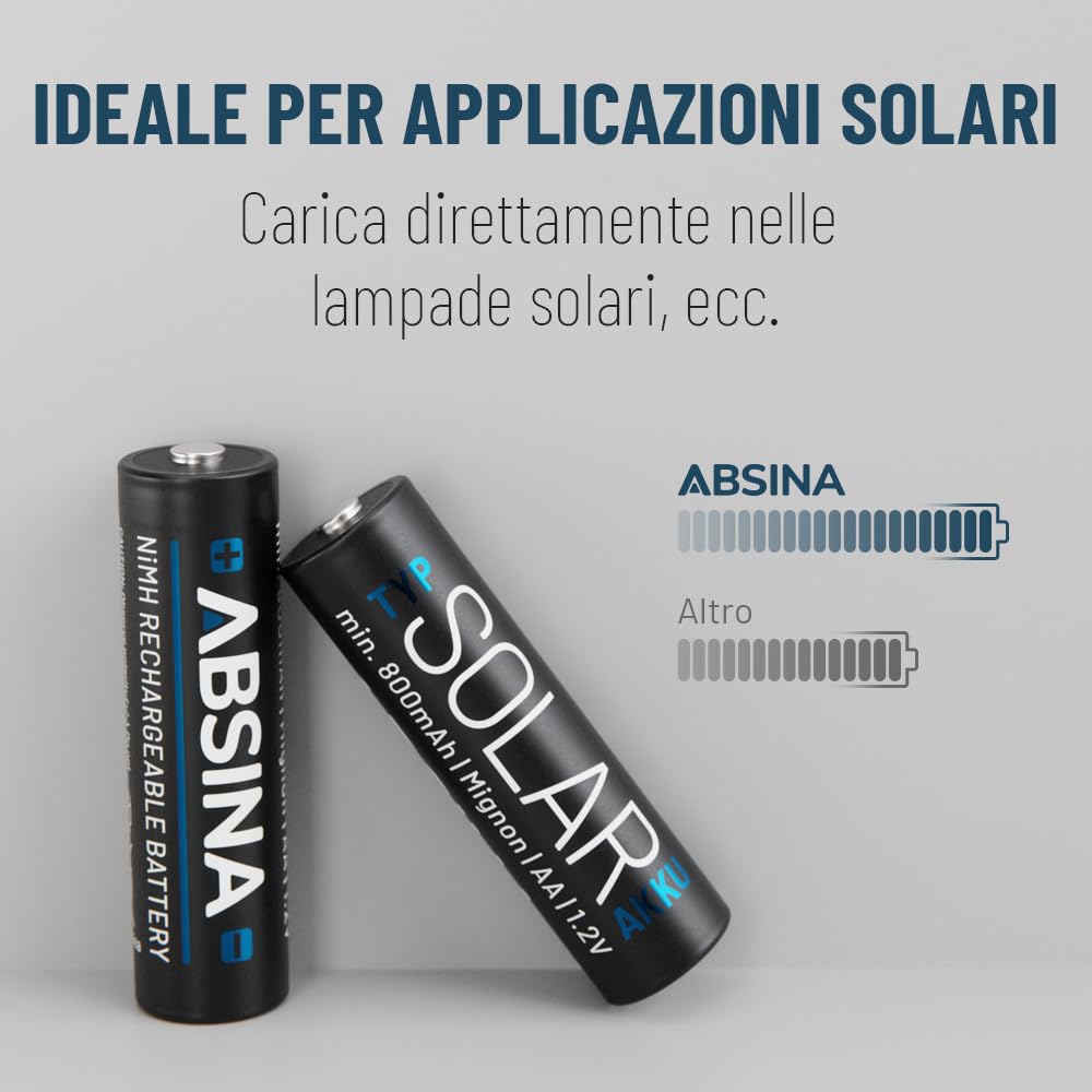 ABSINA 4x Batterie solari AA ricaricabili 800mAh 1.2V NiMH - Batterie per solare - Batterie ricaricabili AA a bassa autoscarica - Batteria solare, batteria per lampada, pile ricaricabili